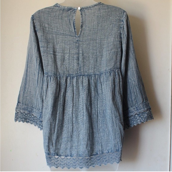 Rachel Zoe Embroidered Chambray Peasant Top Sz L - Picture 2 of 5